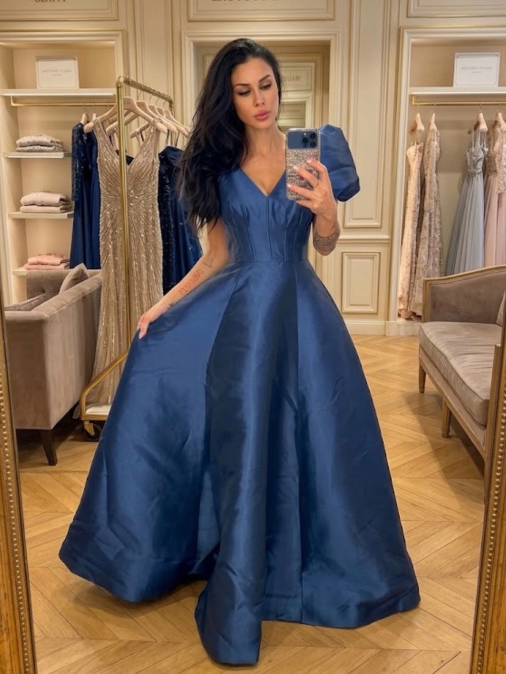 Elegant Navy Amsale puff-Sleeve Ball Gown Dress sz 2